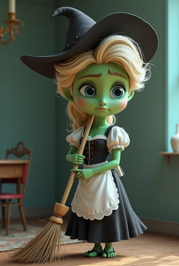 Elsa is a character from Frozen. 3D. She has emerald green skin. She has blonde hair. She has a curvy figure and big breasts. She is wearing a black witch hat, a cute maid dress with puffy white sleeves, white apron, and black dress, and black gloves. She ...