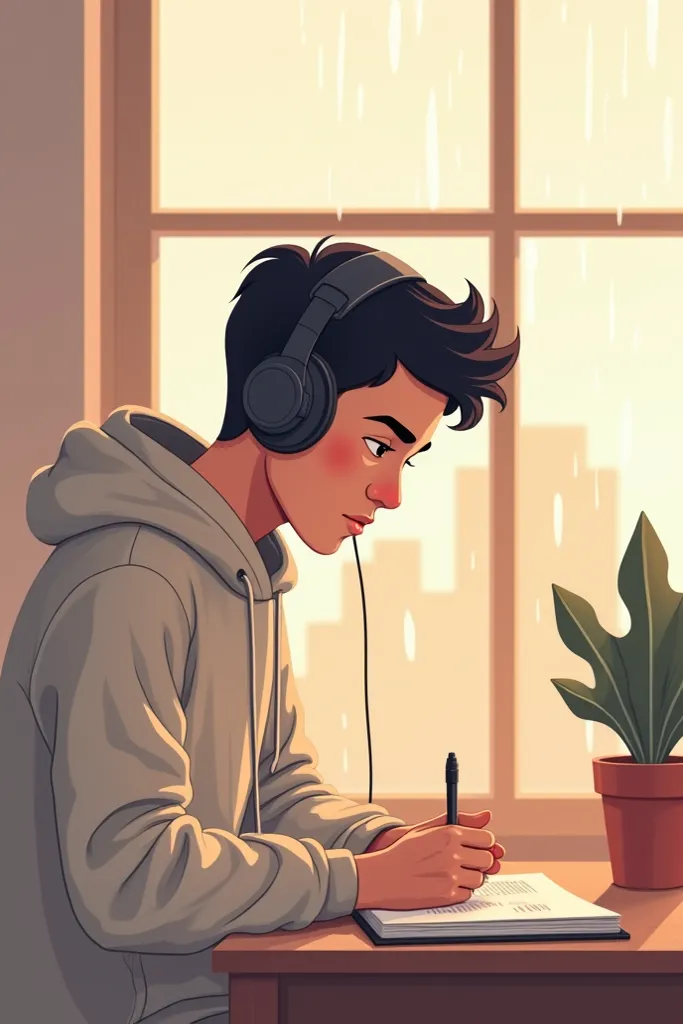 "A young man in a minimalistic, cartoon-style illustration, sitting at a desk with headphones on. He wears a simple hoodie or sweater, focusing on studying or writing. The background is clean and uncluttered, featuring a window with a soft cityscape or rai...