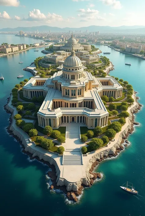 draw a master plan of the city, sevastopol with artificial islands, with Parliament Quarter, dauntaunom, hotels, and including the landscape and geodesy of the region