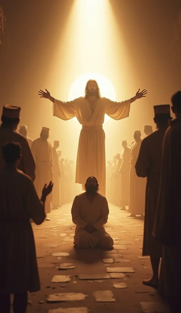 Jesus standing in a beam of light, his arms outstretched, symbolizing his role as the light of the world. In the background, the healed man kneels in gratitude, and the Pharisees stand in shadow. Text overlay: 'I am the light of the world.' Realistic style...