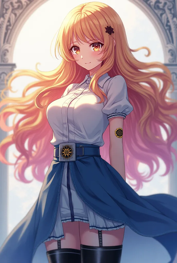 beautiful girl with long wavy blond and pink hair with amber eyes wearing white shirt and blue skirt black stocking and boots , with fairy tail guild mark on her arm 