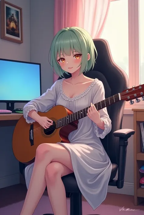 Anime mature girl with short hair in pastel green sitting on gamer chair holding guitar in her gamer room, there is a gaming computer desk and a poster of a movie, nightgown