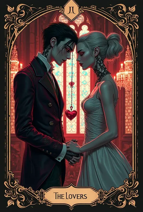 A visually striking tarot card blending the gothic, steampunk aesthetic of Lies of P with the bold, high-contrast, stylized art of Persona 5. The card, titled ‘The Lovers,’ features two elegantly dressed figures who appear almost human but with subtle auto...