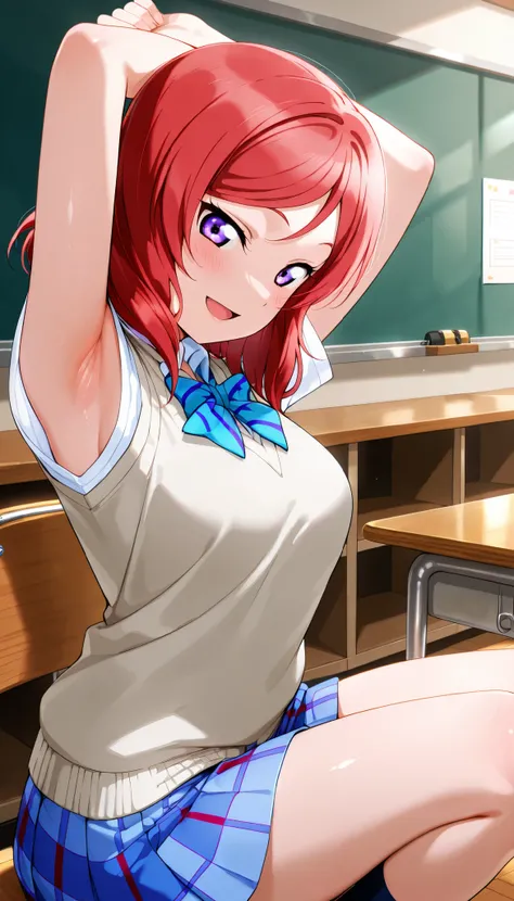 lovelive_maki,
sweater vest, short sleeves, blue plaid skirt, blue stripe bowtie, breasts, red hair, medium hair, purple eyes

,BREAK, armpit, arms over head, focus on armpit,
smile, ,scorn,open mouth, (cheerful),looking down at viewer,\(red blush\), embar...