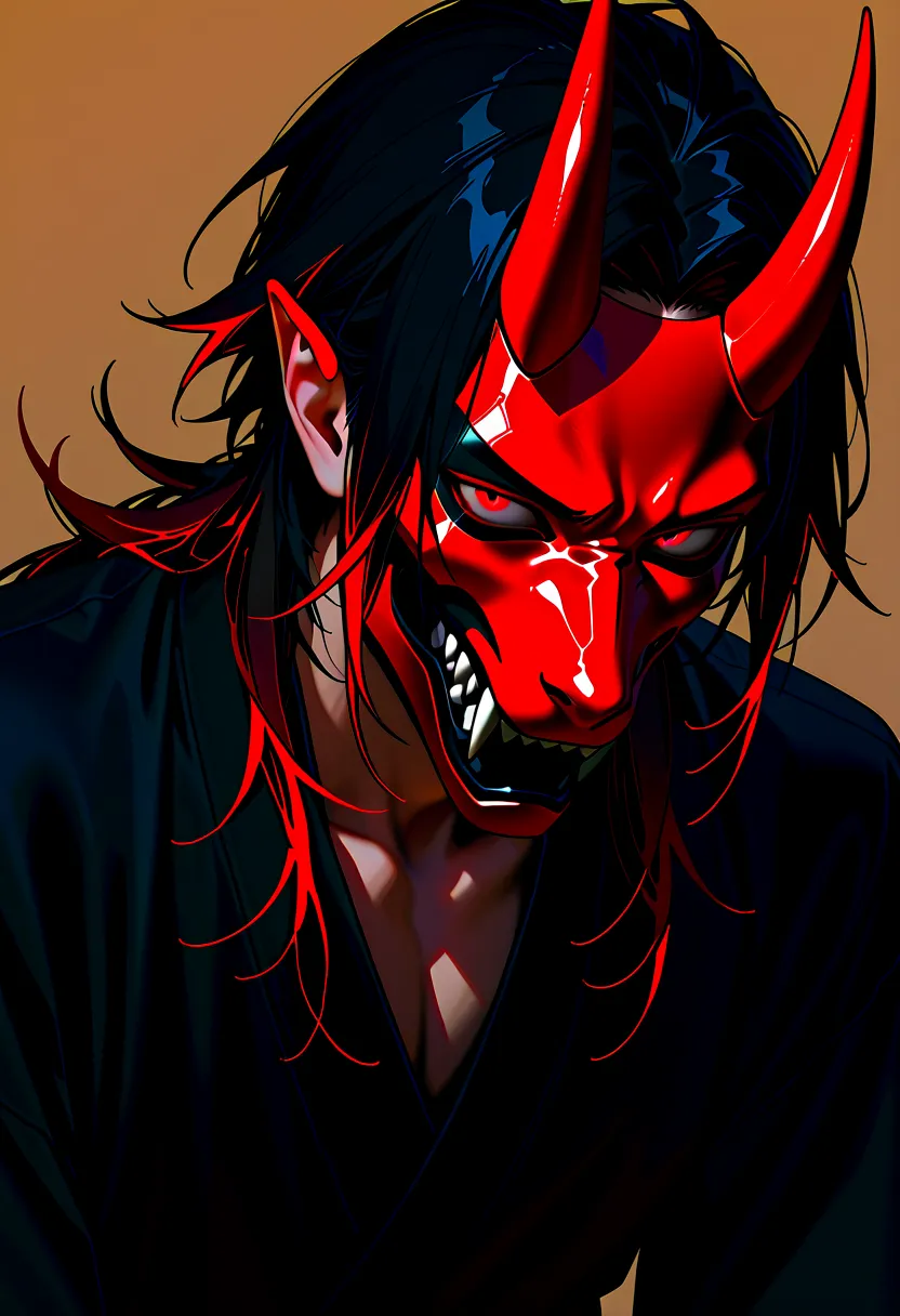 1 male, black hair with red highlights, red eyes, short red oni horns with dark red tips, wearing a black canine mask covering his mouth, good looking, wearing black clothes.