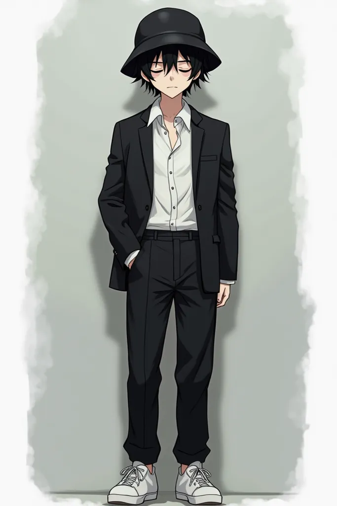 Anime boy sleepy face black styled punished hair. Bucket hat black. Black suit over white not tie shirt. black pants white shoes