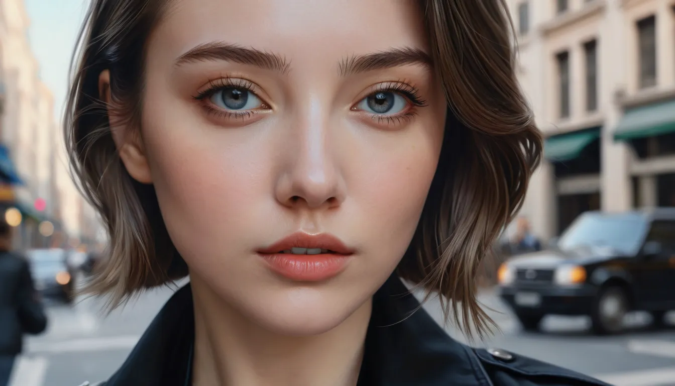 a close up of a woman in a black jacket on a city street, a photorealistic painting inspired by Vincent Lefevre, tumblr, digital art, portrait sophie mudd, 🤤 girl portrait, color photograph portrait 4k, cinematic realistic portrait, soft portrait shot 8 k,...