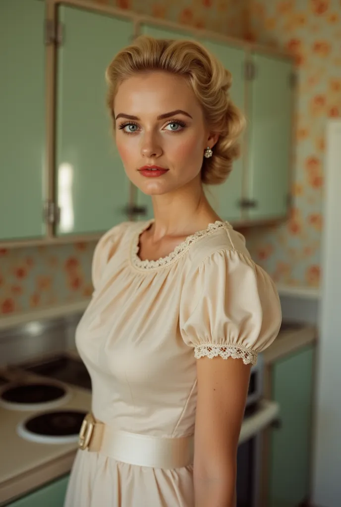 gorgeous blonde housewife with blue eyes from the 1950s in America, standing in her vintage kitchen