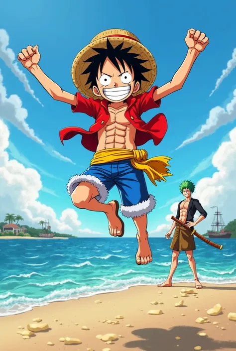 Luffy Jumping Happy And Zoro Down There And Nami