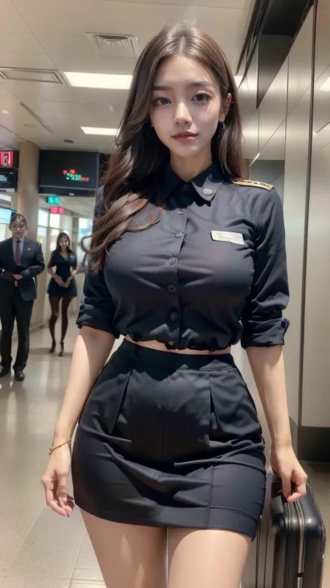 A beautiful, 24-year-old Japanese woman with perfect anatomy, healthy thighs, beautiful legs, beautiful skin, random hair color and style, large breasts, (wearing a flight attendant uniform with a mini-skirt:1.3), (she is standing:1.2), full body shot, pum...