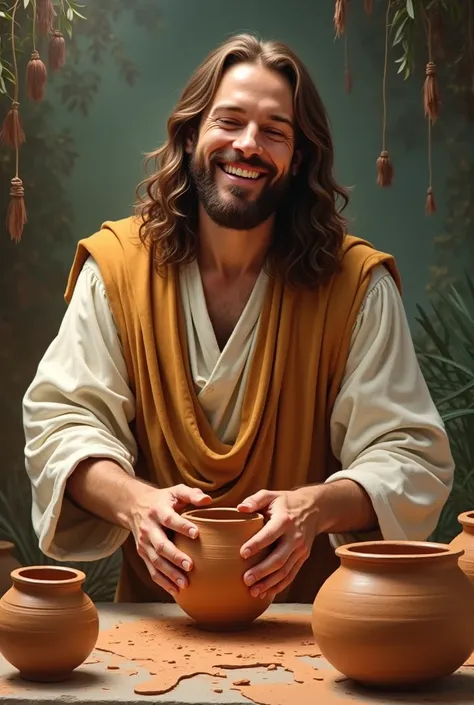 Laughing Jesus molding a clay pot