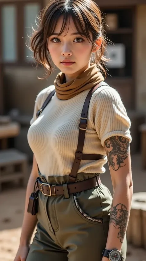 Beautiful young woman with giant law，A bird that is 3 meters tall 。vertical viewing angle，Short hair with small volume curls,( strong body:1.5),(Tattoo:1.5) ,( actual tanned skin texture :1.5) ,Doomsday Gradient Battlegrounds ,  High Detailed Soldier Boots...