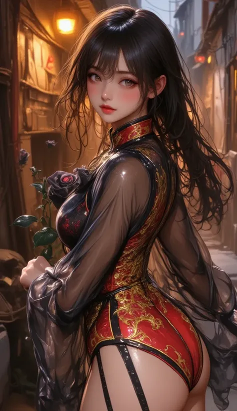 The image depicts a little young girl in a sheer lace chinese dress covered nipples with intricate embroided  gold patterns walking through a narrow, cluttered alleyway. She is holding a black rose. The alley is filled with various objects. The background ...