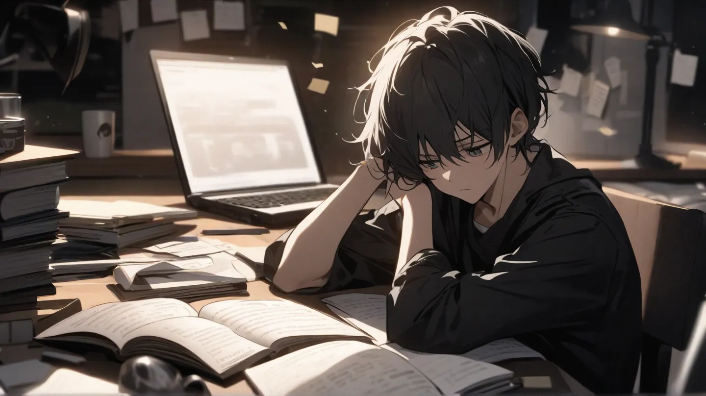 A young man, bored and distracted while studying, in a black and white color scheme. He rests his head on one hand, staring at a book or laptop with a tired expression. His desk is cluttered with notes, books, and a coffee cup. The background is blurred, e...