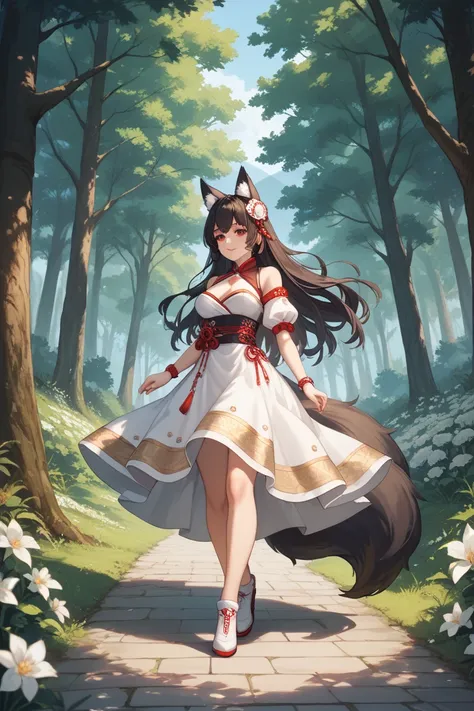 Full-length image. A grown-up girl. Looks about 35 years old. Black long hair, with a barrette in the form of a golden pattern. There are long, black fox ears on her head. There are three fluffy fox tails coming out of her tailbone. She is wearing a black ...