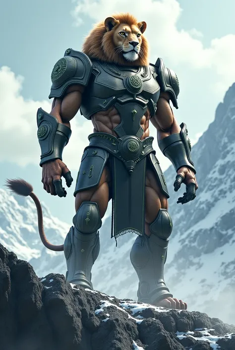 Hybrid of lion and soldier as superhuman stand on mountain peak
