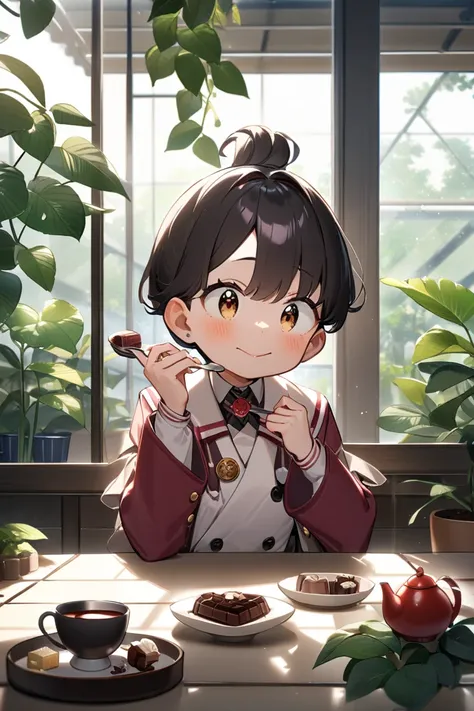  1girl ,Magic School,high school girl,greenhouse,accessories,(Best Quality),after school,sunlight filtering through the trees,chocolateレートケーキ,chocolate,fork,cocoa,window,cute,plant,round face,Tea Ceremony,'