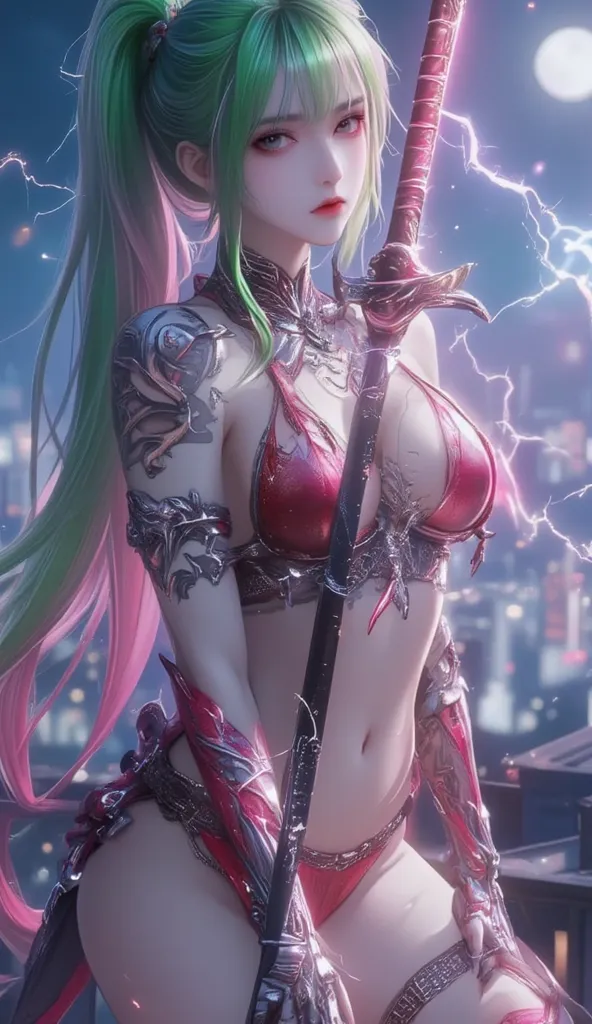 (((Breast:2.0))), (((cleavage:2.0))), ((Flowing Silver to green gradient hair:2.0)), absurdly long hair, ((high ponytail:2.0)), (Long-legged:2.0), (skinny woman:1.0),  ((Green and pink odd eyes:2.0)), 
(Erection of nipple:1.2), (Pale pink nipple:1.2), (Per...