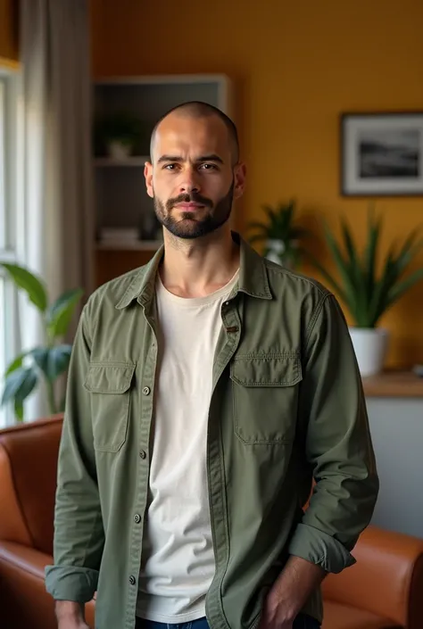 a slightly bald young man in his thirties, Average Brazilian statute at home 