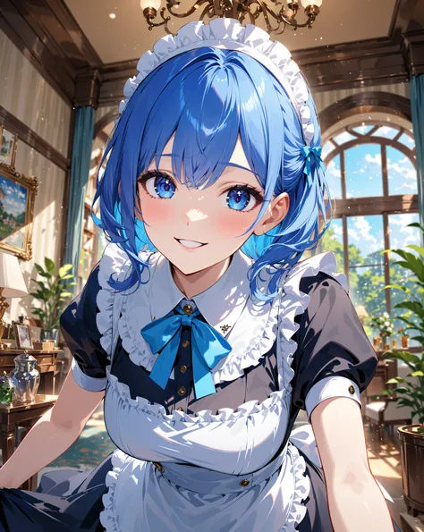 vector graphics theme, girl, maid dress, blue hair, blue eyes, graden room background, smile, [(blurred background:1.2)::0.2], (indoor background:1.2), newest, highres, illustration, incredibly absurdres, ultra detailed, masterpiece, best quality, many pos...