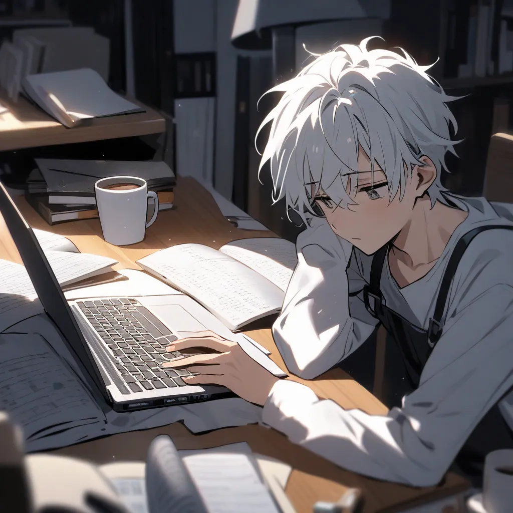 A young man, bored and distracted while studying, in a black and white color scheme. He rests his head on one hand, staring at a book or laptop with a tired expression. His desk is cluttered with notes, books, and a coffee cup. The background is blurred, e...