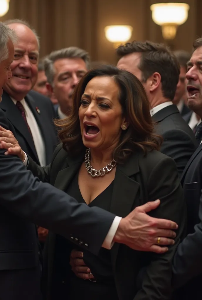 A photo of Kamala Harris, two man is lift hug with her. One man is pushing her from behind. she is open legs, her eyes is closed and mouth opened, moaning, Furrowed Eyebrows, in a very crowded parlementer, (surrounded by crowded crowds of men:1.5). The sid...