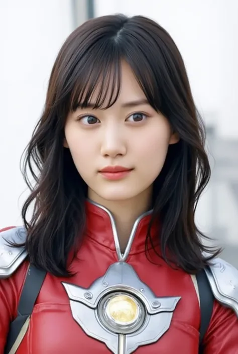   Front View from Below 、(赤のUltramanスーツ)、big breasts、 LONG HAIR、Ultraman、Genuine、Genuineistic、Cinematic Lighting、girl in a shiny red and silver suit、、Professional Photos、don't expose my skin、Japanese models、Japanese CGI、Ultramanスーツ、、 Power Rangers suit、 ti...