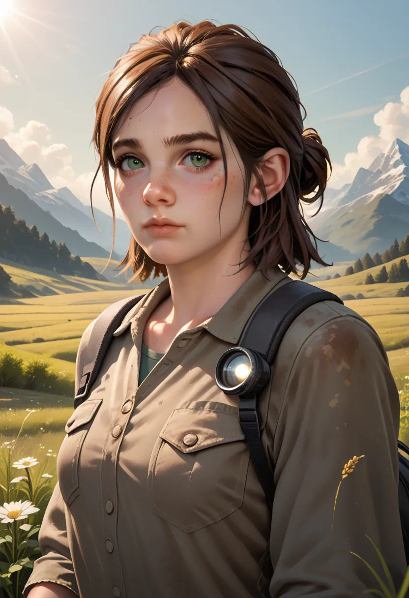 score_9, score_8_up, score_7_up, score_6_up
TLOU2Ellie, 1girl, brown hair, green eyes, looking at viewer, standing in a field during the golden hour, hand gently brushing through tall grass, mountains in the distance, warm sunlight casting a glow, serene a...