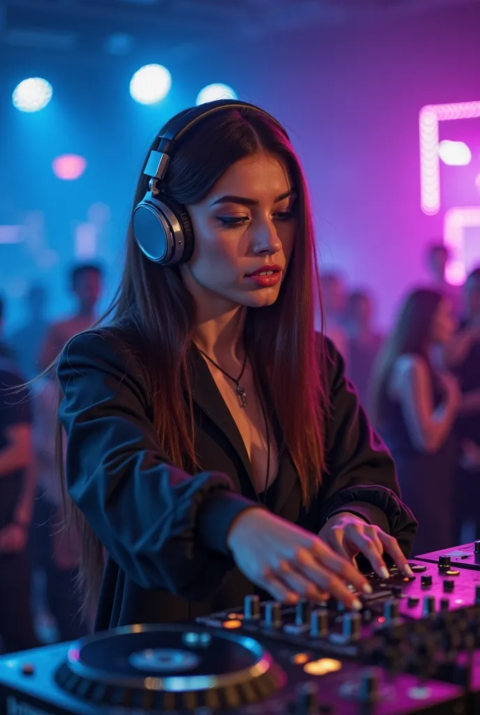 The image perfectly portrays the model in a party environment, working as a DJ . She is positioned behind a professional DJ table, manipulating the controls with precision. Her expressive face transmits concentration and confidence as she commands the musi...