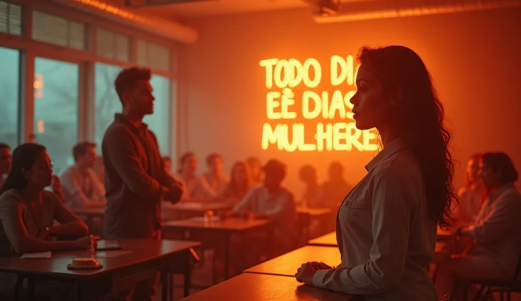 "Open with a smooth synth bass and R&B beat. Show a classroom at dawn, a female teacher igniting minds with passion. Use fiery zooms and warm golds as s glow. Flash a bold, neon cover: 'TODO DIA É DIA DAS MULHERES.' A man stares, stunned by her wisdom, in ...