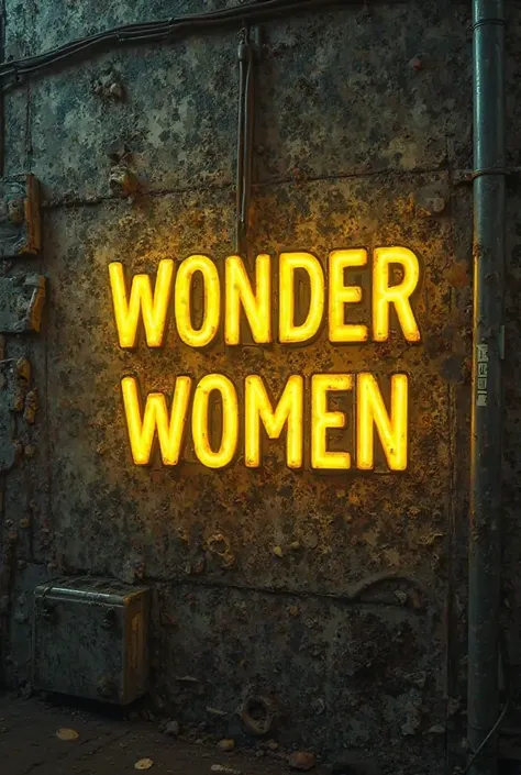 Neon yellow lettering "Warfare Wonder Women" on a realistic city wall in front