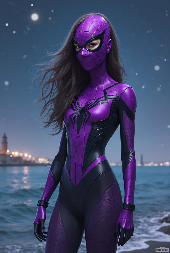 In DC style, Create a young spider-woman with a mask and with a mostly purple suit and black details with a view of the sea on a starry night