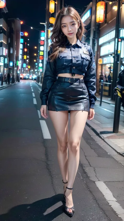 beautiful Japanese woman, 22 years old, perfect anatomy, healthy thighs, beautiful legs, beautiful skin, random hair color, random hairstyle, large breasts, female police officer, (Japanese police uniform:1.3), (miniskirt:1.3), (she is standing:1.2), full ...