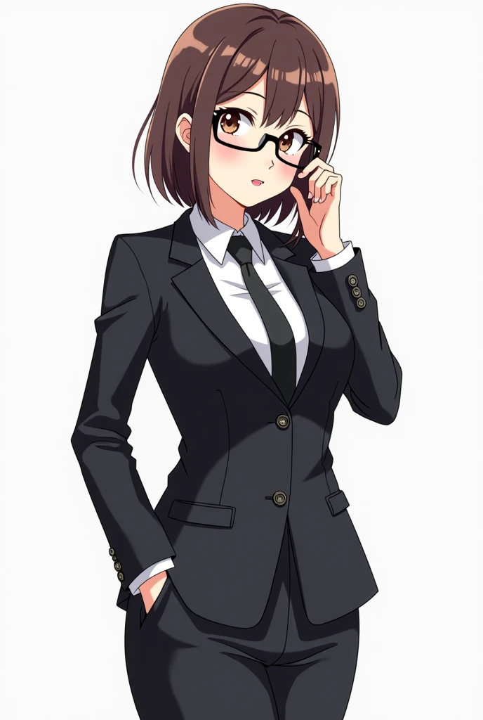 a drawing of a woman in a suit and glasses posing, anya from spy x family, thicc, oppai proportions, oppai, oppai cyberpunk, gordon freeman as a woman, (sfw) safe for work, ecchi anime style, marin kitagawa fanart, character is in her natural pose, female ...