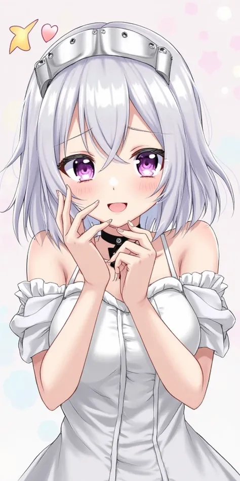 Meina ,1 girl, place your hand on your face,(((yandere, yandere trance))),heart-shaped pupils,nail,( white hair,purple eyes),(:1.1), black choker,heart,medium breasts, (heavy breathing:1.1), heart, white dress,  headgear , portrait, viewer, Manga cover , (...