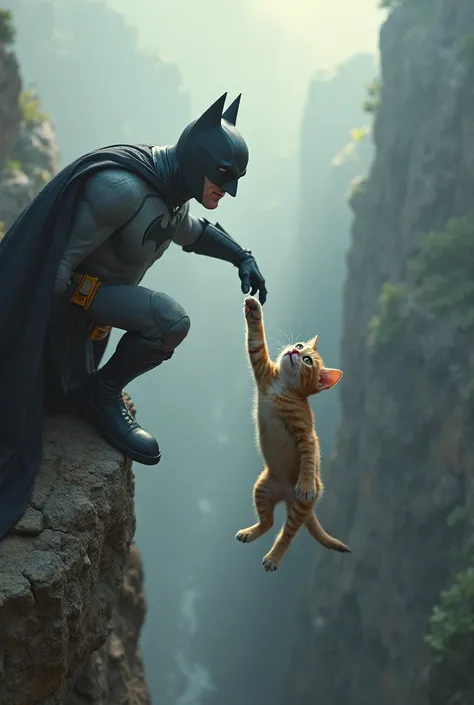 
"Minion Batman lunges forward, extending his gloved hand toward the dangling kitten. The kitten reaches up with all its strength as the Minion's fingers grasp its tiny paw. The scene is intense, with dramatic lighting and wind sweeping through the cliffsi...