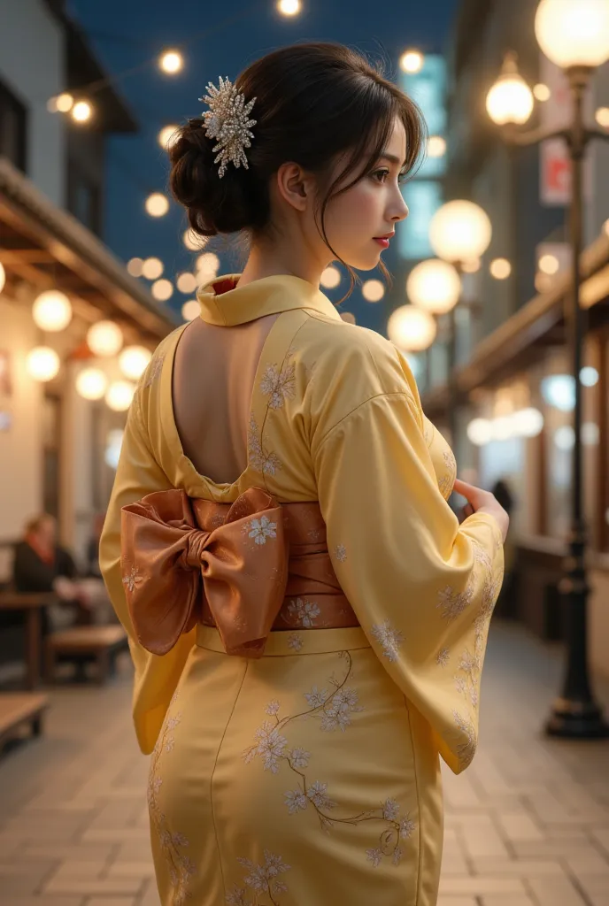 Enhance the image、 hairpin with a diamond、She alone、 facing backwards、big beautiful ass、The street lights are glittering at 8 o'clock at night、Gold Dustが多く舞散る、Ancient Japanese kimono、The color of the kimono with the fine floral pattern is light yellow、silk...