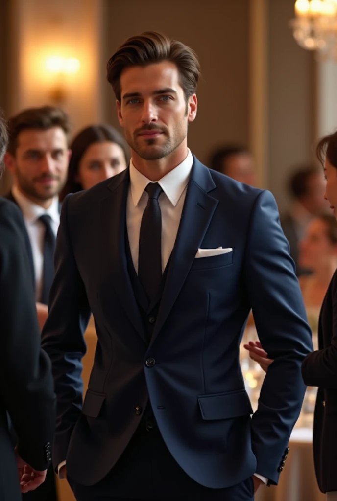 (photorealism:1.2), handsome man, age early thirties, wearing dark blue 3 piece suit and tie, CEO, white shirt, brunette hair, green eyes, realistic. At a charity event taking to someone. People in the background. 