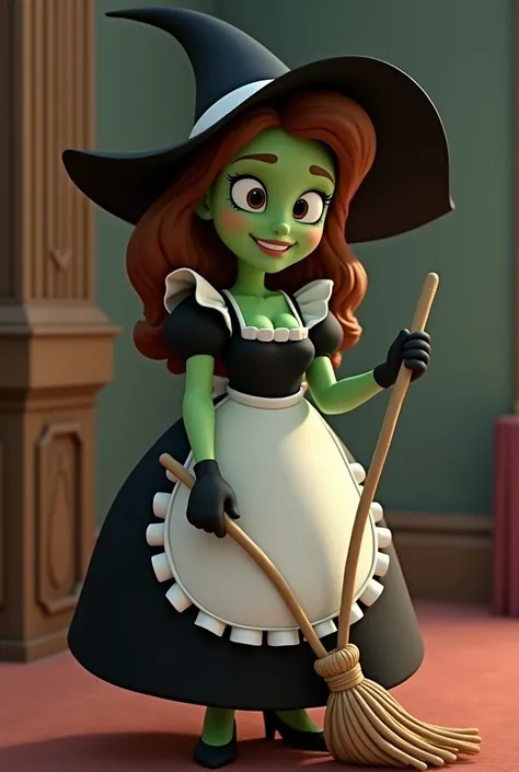 Belle is a character from Beauty and the Beast. 3D. She has emerald green skin. She has brown hair. She has a curvy adult figure and big breasts. She is wearing a black witch hat, a cute maid dress with puffy white sleeves, white apron, and black dress, an...