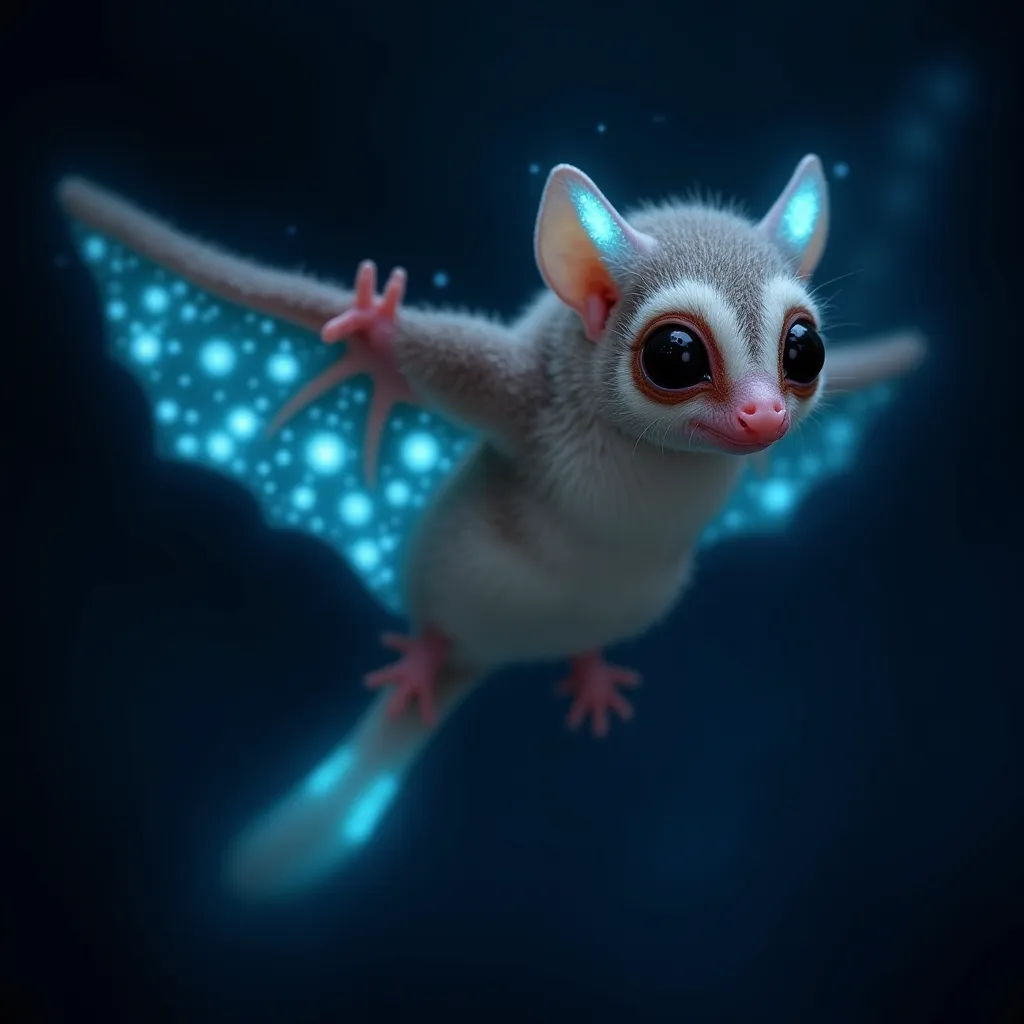 The hybrid has the sugar glider’s soft, fuzzy body but now features glowing, bioluminescent spots along its wings and tail.

Its large eyes glow slightly, helping it see in both dark forests and deep underwater environments.

It can now glide through the n...