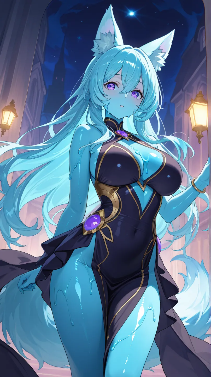 Mature Waifu Slime: A feminine Slime with an elegant and captivating appearance x, with a gelatinous but well-defined shape, of a bright turquoise blue tone that reflects the light. Its fluid and malleable body with versatile tentacles that emerge from its...