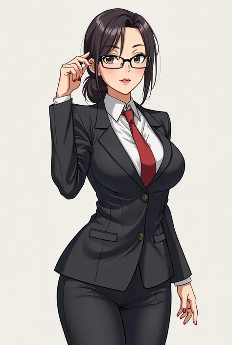 a drawing of a woman in a suit and glasses posing, concept art by Okada Beisanjin, pixiv, shin hanga, anya from spy x family, thicc, oppai proportions, oppai, oppai cyberpunk, gordon freeman as a woman, (sfw) safe for work, ecchi anime style, marin kitagaw...