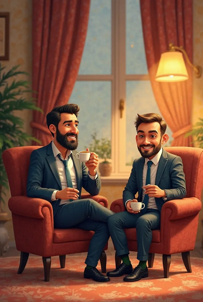 


"A cartoon drawing in the style of Tiny Figures, Amer is sitting in a luxurious room, wearing a formal suit, he looks happy, Fouad is next to him drinking coffee and joking with him, the atmosphere is comfortable and luxurious, the facial expressions re...