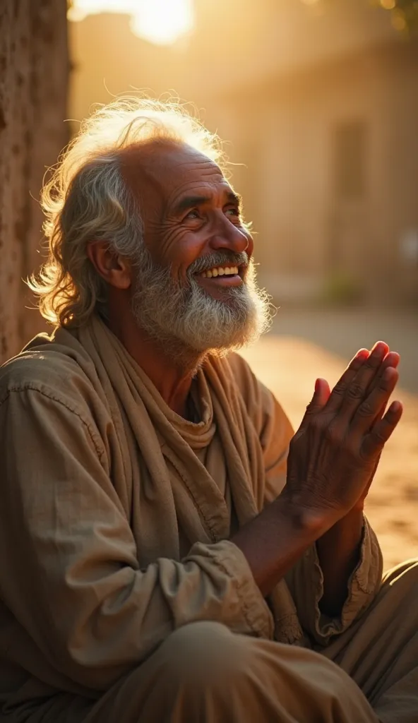 
A humble beggar with worn yet clean clothes sits peacefully, hands raised in sincere prayer. His face glows with a serene smile, radiating deep contentment and spiritual joy. Soft golden light gently illuminates his face, highlighting the peaceful express...