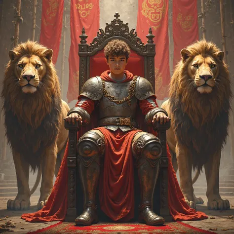 A great young duke sitting on his king's big throne which is in the shape of a lion. Next to him stand several giant lions and the name 1199 is written on the flags