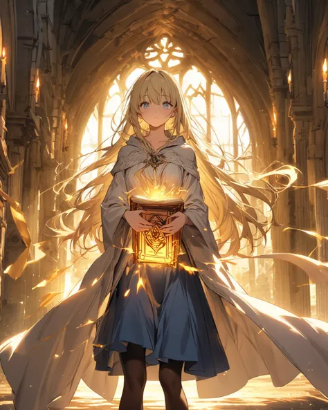 a human young girl, 1.65 meters tall, slim body, medium breasts, long light yellow hair, silver eyes, white skin, beautiful face. Wearing the mage clothes with white shirt, blue skirt, black pantyhose, black shoes, black mage cloak. I hold the grimoire on ...