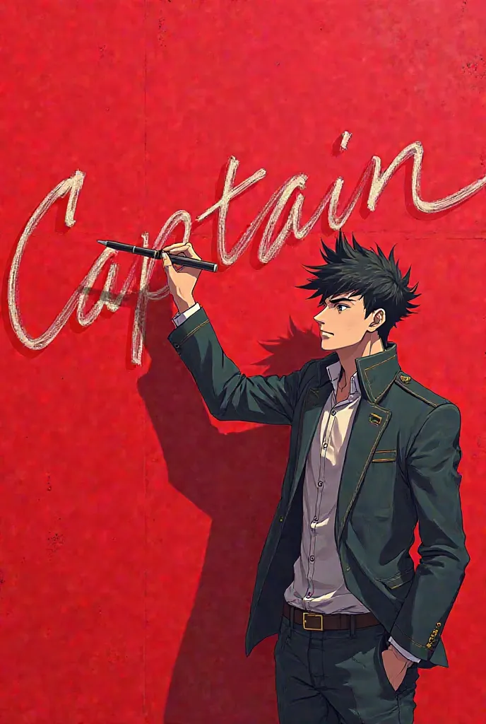 Let a charismatic anime character with a red background write Captain on the wall
