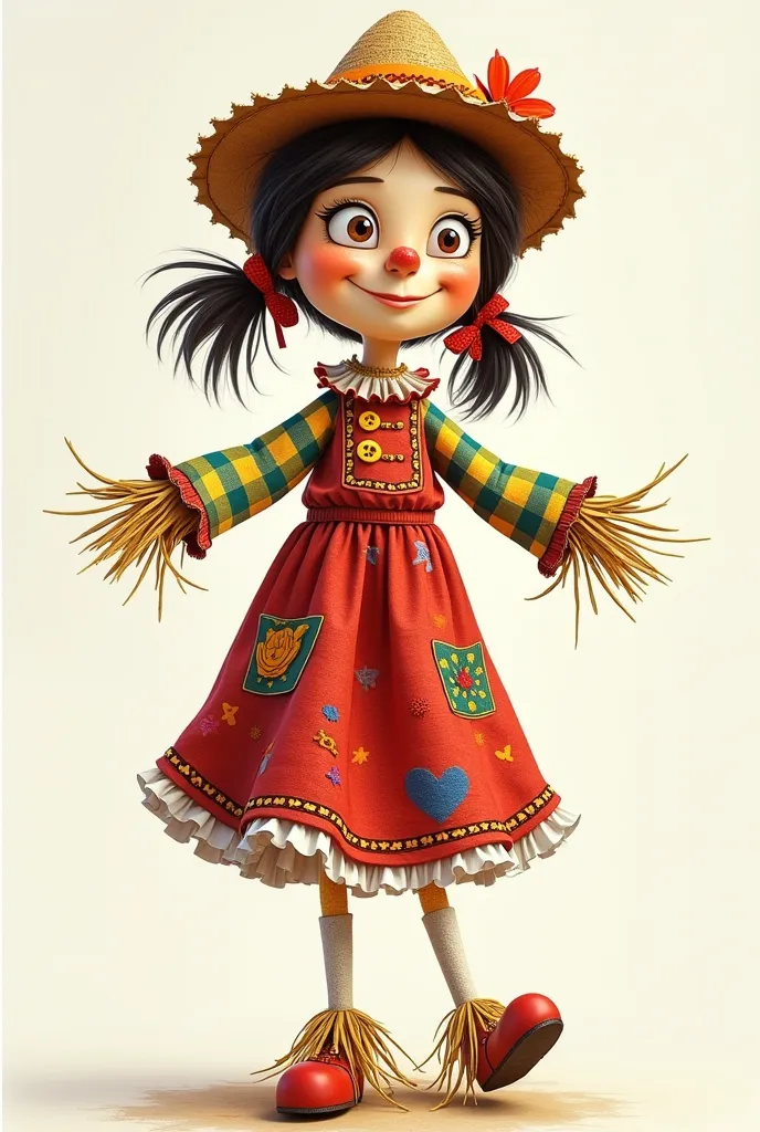 Illustration of a Brazilian Festa Junina scarecrow in the Pixar Disney cartoon style, from the front with open arms, full body showing all the details and vibrant colors with an elongated body wearing an old outfit full of patches, a colorful red checkered...