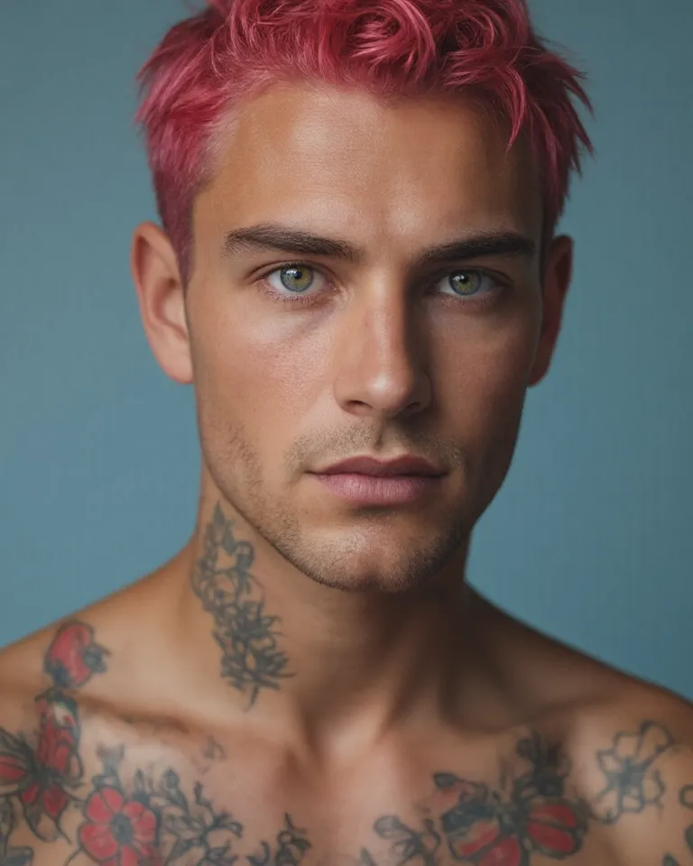 a young man with blue eyes and tattoos, , Without a shirt, a relatively large forein the style of dark red and light azure, male focus, yellow eyes, short hair, bug, butterfly, red hair, closed mouth, portrait, pink hairhead. 