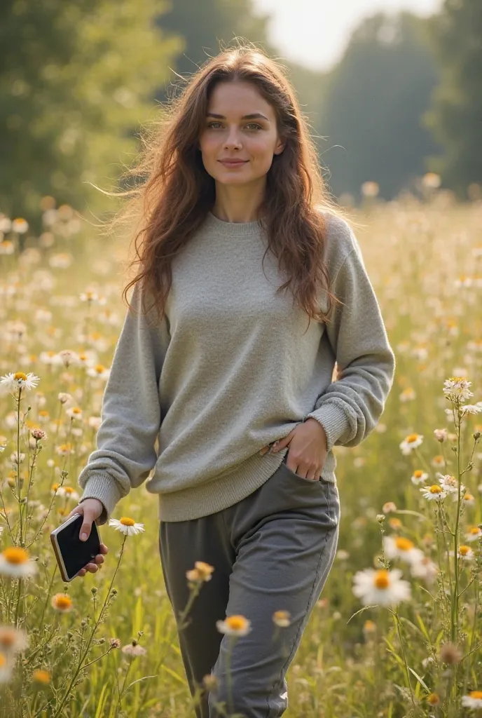  Brown-haired European woman, brown eyes, with training pants and long sleeve sweater, Walking in the field with the cell phone in one hand. 